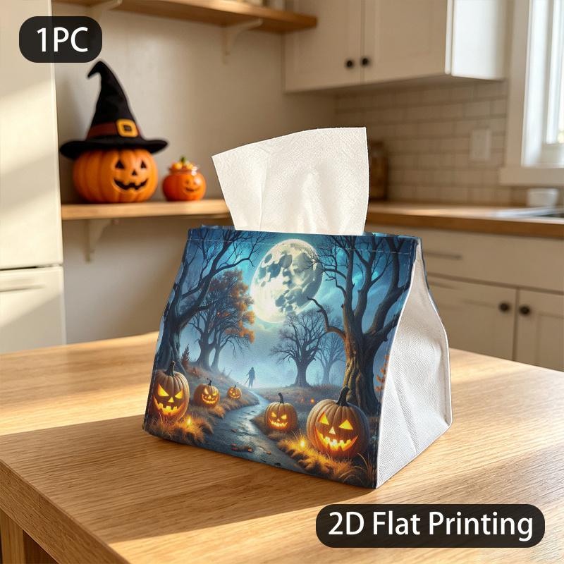 1pc Tissue Box, Gothic Fantasy Full Moon Jack O Lanterns Spooky Pattern, 2D Flat Printing, Polyester Fabric, Strong And Firm, Tissue Dispenser, for Ha