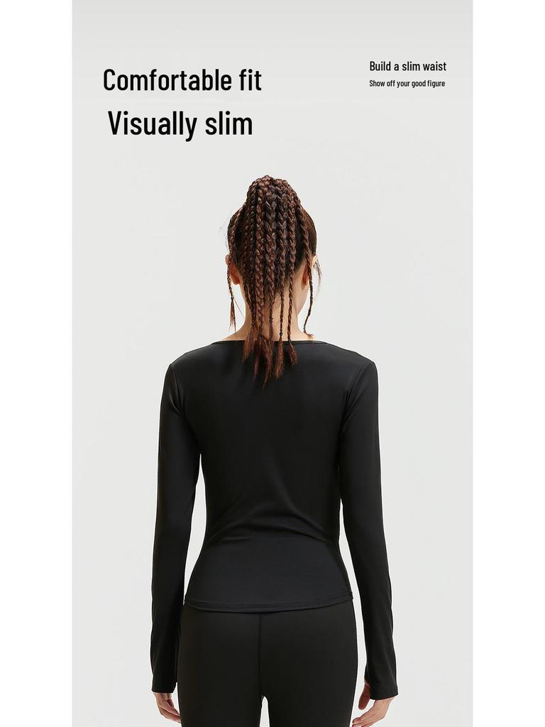 Juyitang Seamless V-Neck Long-Sleeve Yoga Suit with Pleated Waist and Slim-Fit Top