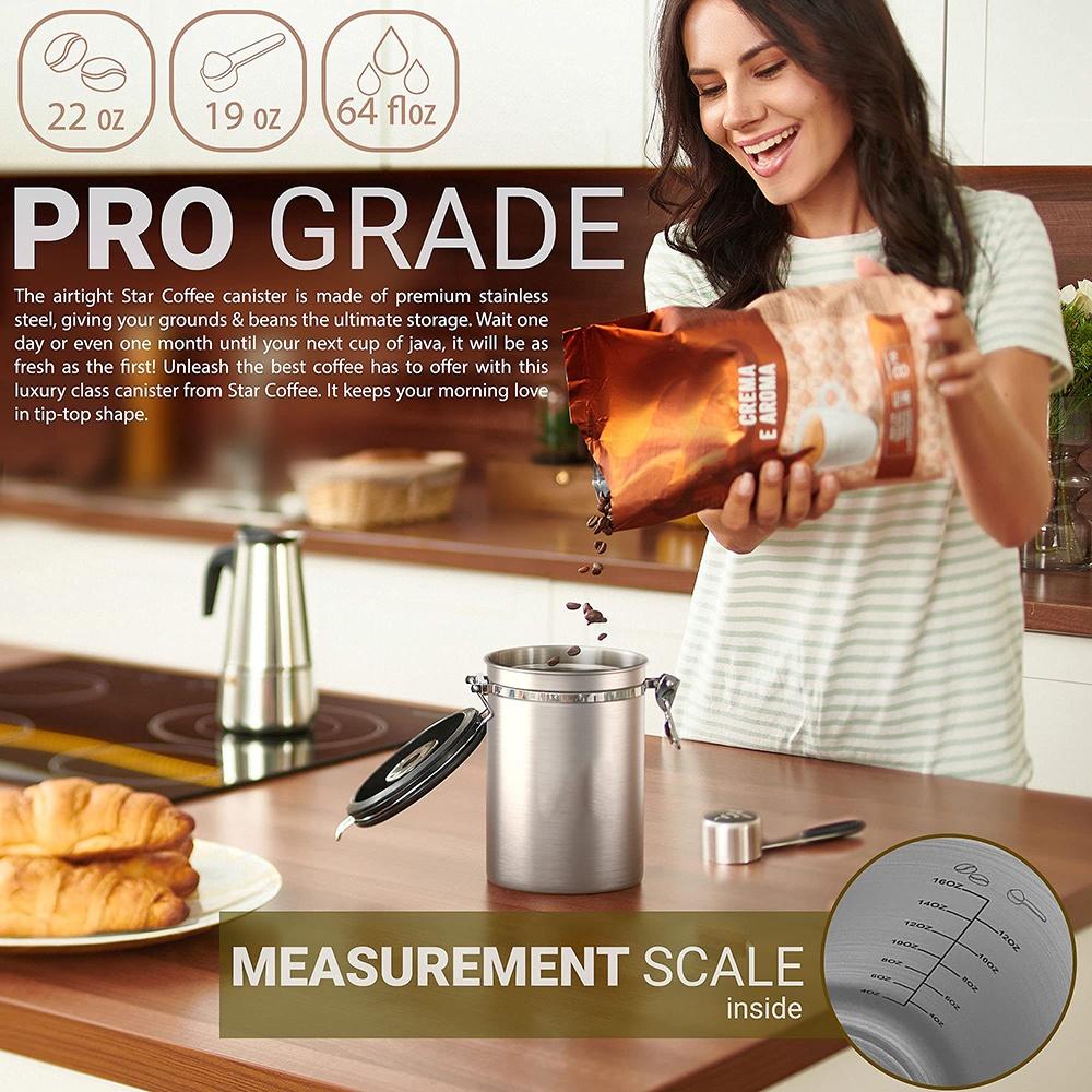 Stainless Steel Airtight Coffee Container Canister Coffee Grounds and Beans Container with Date Tracker, Scoop, CO2 Valve Filters,  Silver