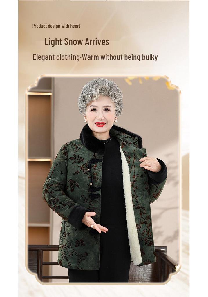Women's Winter Cotton Jacket - New Chinese Style for Middle-aged and Elderly, Mom's Velvet-Lined, Thick, Warm Coat.