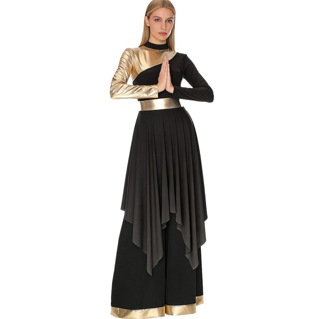 S-XXL Womens Worship Praise Dance Costume Long Sleeve Asymmetrical Hem Dress and Wide Leg Pants Contrast Color Dancewear Outfits