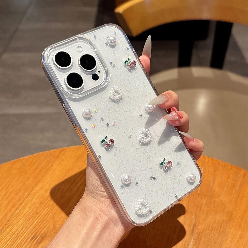 

Cherry Pearl Glitter Sequin Phone Case for IPhone17promax Love for Apple 16 Transparent 15 Female Model For iPhone 7/8/SE 2020