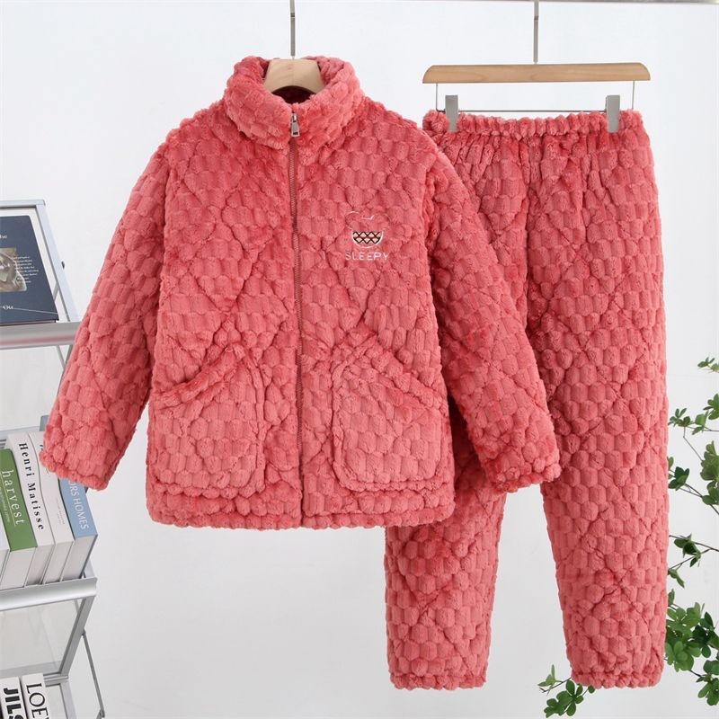 Thickened pajamas women's winter three-layer coral fleece padded cotton can be worn outside, plus sweet loungewear set