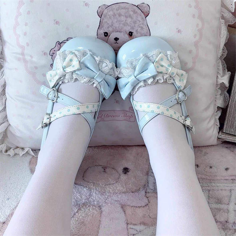 

New summer women s single shoes sweet and cute non-slip Lolita polka dot bow round head JK single shoes women 40 синий