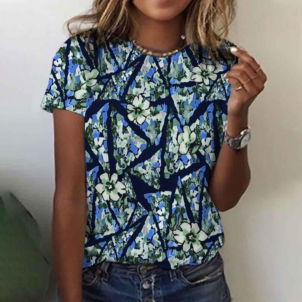 Colorful Floral 3D Digital Printed Women's Fashionable Casual Round Neck Short Sleeved T-shirt