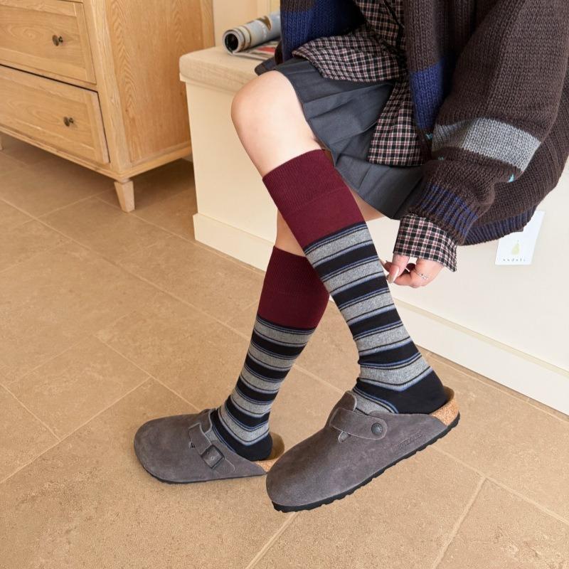Color-block socks for women, autumn/winter vintage color-blocked striped calf socks, INS trendy Melard long leg cuff socks