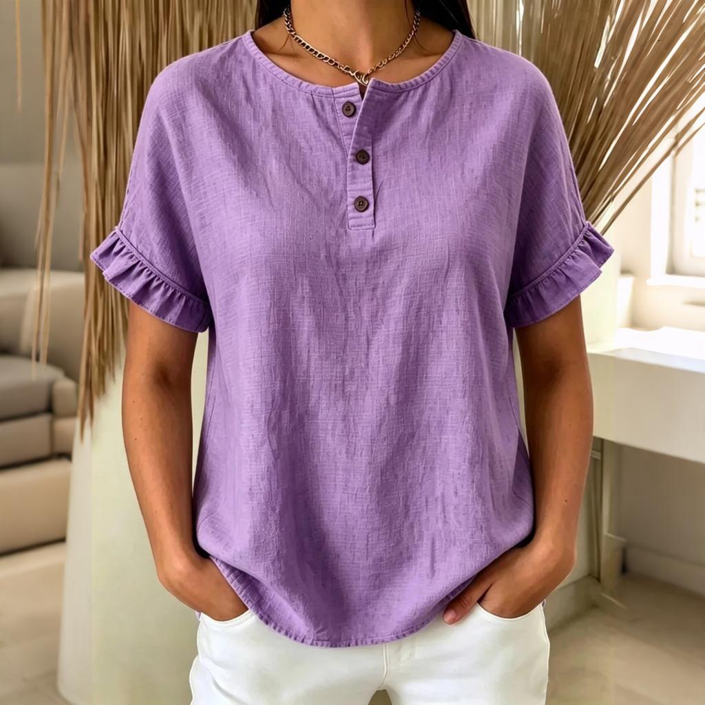 Women Loose Fit Short Sleeve Blouse Ruffle Trim Button Front Top Casual Lightweight Summer Shirt