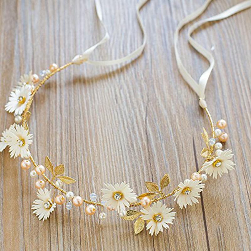 Gold Leaf Daisy Flower Headband Bridal Pearl Tiaras Hair Jewelry Ribbon Wreath