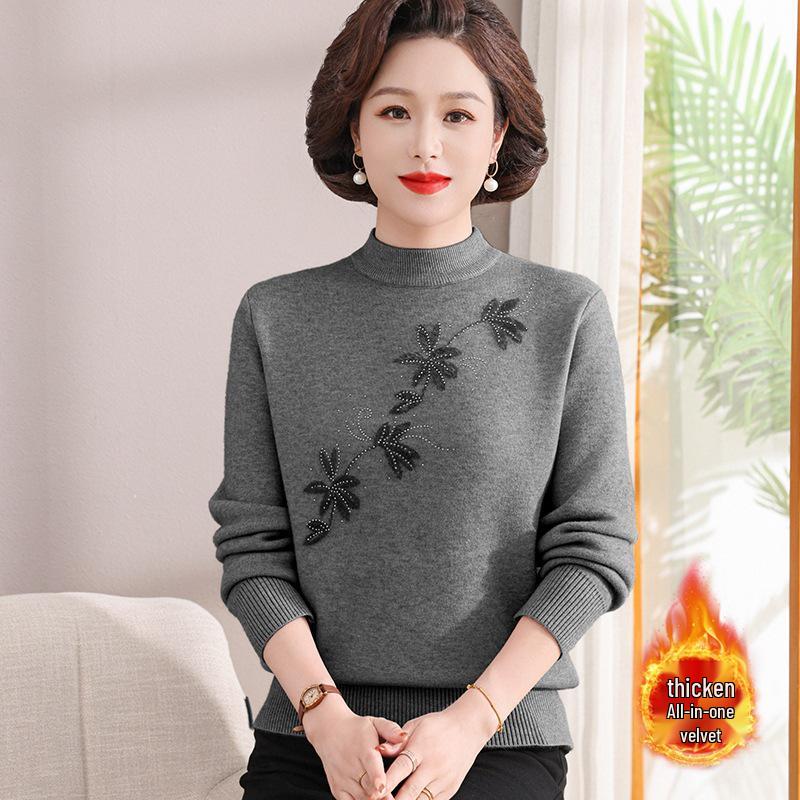 Mom's Velvet One-Piece Winter Base Layer Top for Middle-Aged & Elderly Women - Warm, Plus Velvet, Thick Knit