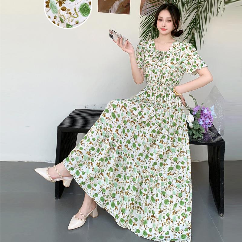 Summer Cotton Silk Floral Print Maxi Dress Bohemian Beachwear High Waist Young Women's Large Skirt Swing Dress