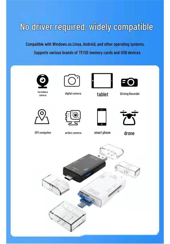 Six-in-One Type-C Multifunctional Card Reader: TF/SD USB Adapter for Computer & Phone