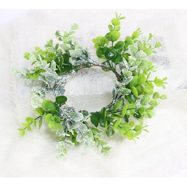 Candle Rings 3" Center Eucalyptus Candle Ring Artificial Mini Wreath Pillar Candle Holder Twig Spring Candle Wreaths for LED Candles Birthday Wedding