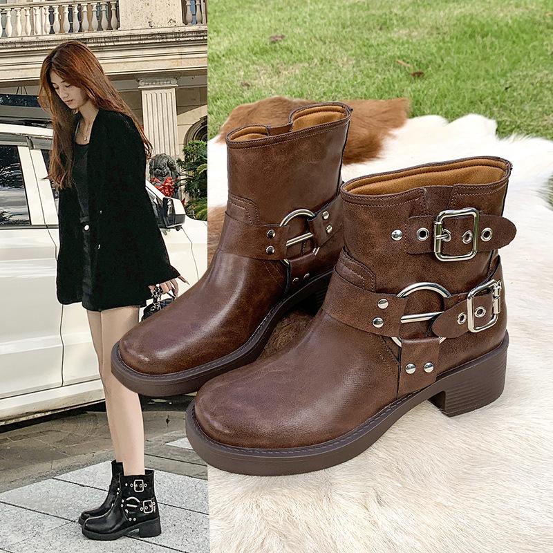 

Ботинки до середины икры для женщин, Модные ковбойские ботинки в западном стиле, Толстые каблуки, Ретро рыцарские ботинки, Мотоциклетные ботинки 40 коричневый