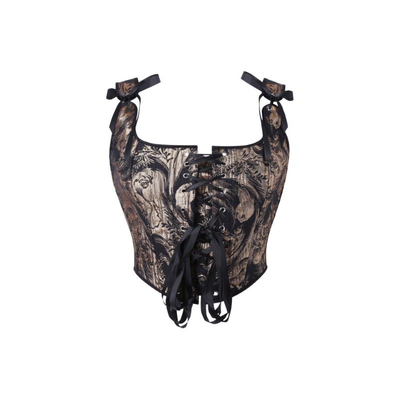 Women Sexy Gold Print Double Strap Bandeau Push Up Tight Shapewear Top S