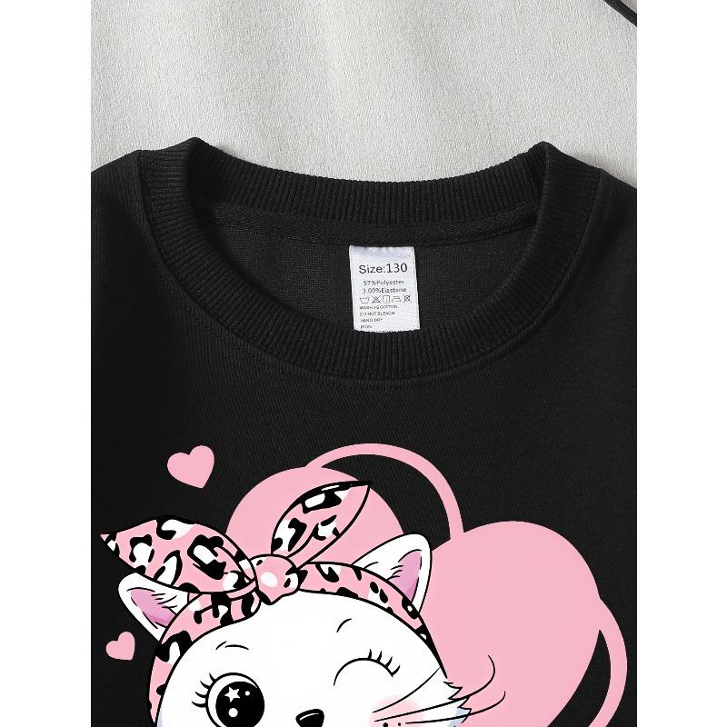 Kids Sweatshirt,Crew Neck Fashion Top, Fun"Cute Cat with Bow "patterned Sweatshirt, Suitable for Everyday Casual Wear,Spring Fall Sweatshirt