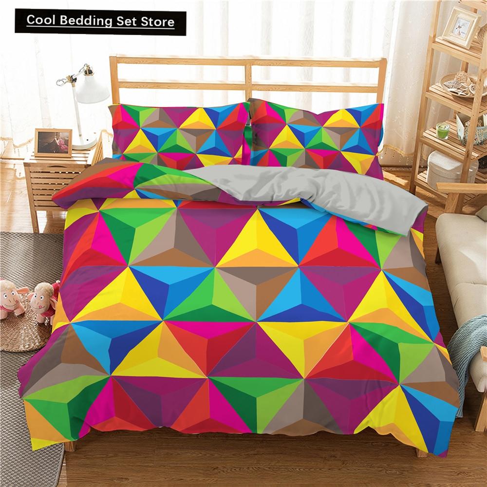 Colorful Toy King Queen Duvet Cover 3D Building Block Pattern Bedding Set Fun Brick Quilt Cover Gradient Rainbow Comforter Cover