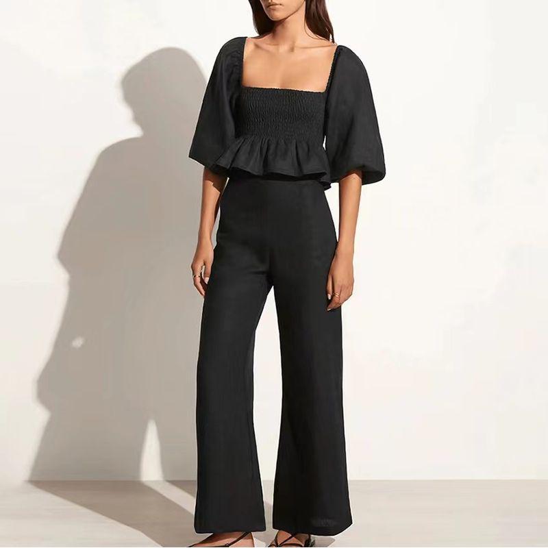 

New French style Square Collar Puff sleeve Pleated Backless Top High Waist Trousers Set Top and Pants Set Black L