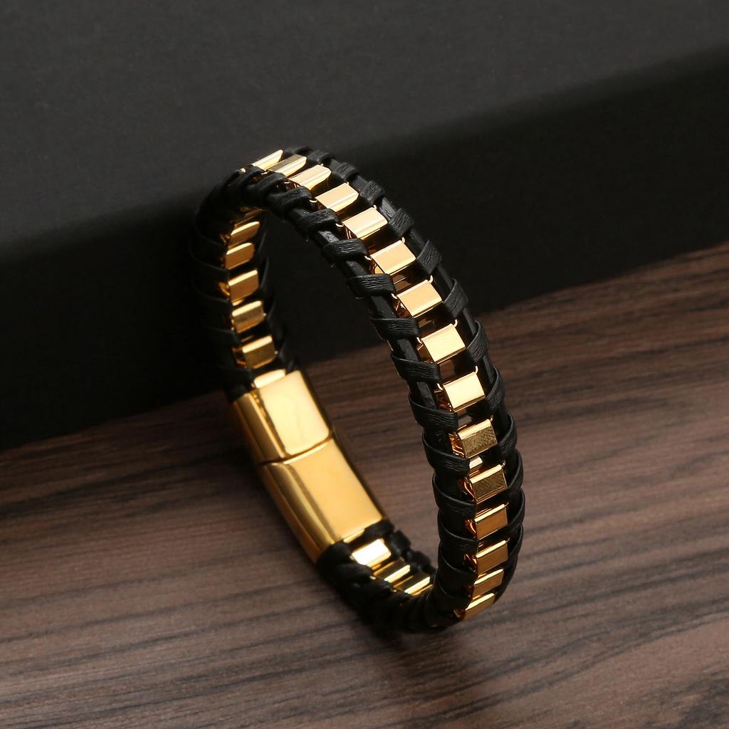 Classic Hand Woven Stainless Steel Leather Bracelets For Men Gold Black Color Charming Jewelry Punk Hip-Hop Bracelets Gift