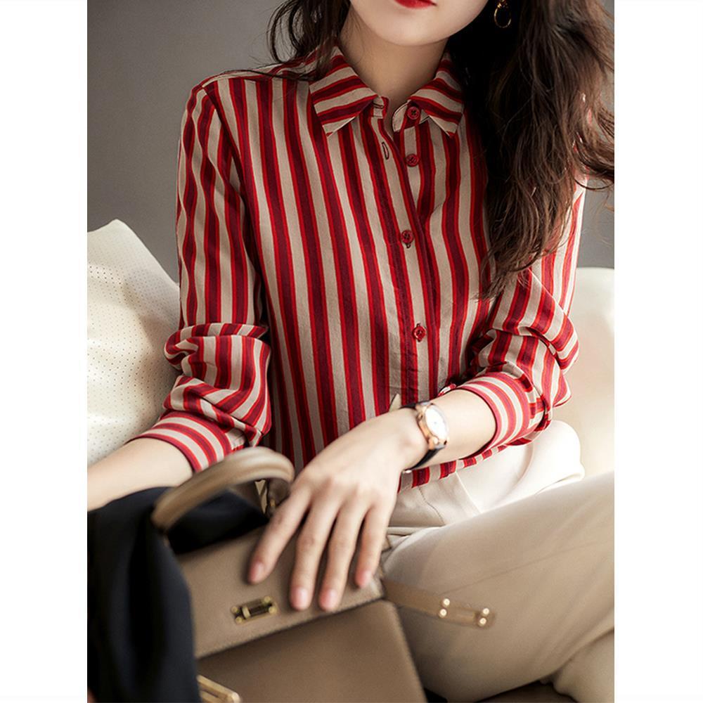 2025 Women's High-End Red Striped Shirt for Spring and Autumn: Elegant Niche Design