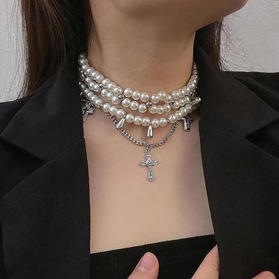 Personalized Multi-Layered Pearl Cross Pendant Necklace Clavicle Chain For Women Temperament Jewelry Accessories Gifts
