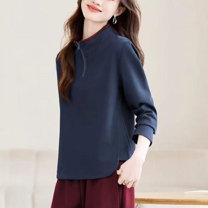 Autumn Winter Stand Collar Zipper Sweatshirt Women Loose Casual Solid Color All-match Bottomed Pullovers Top