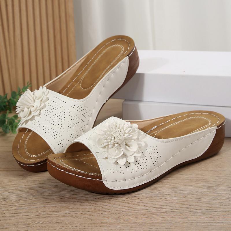 Summer Sandals  comfortable Non-slip Wedge Sandals for Women all Day Walking PU Leather Solid Color Open-Toe Slides Flat Beach Sandals