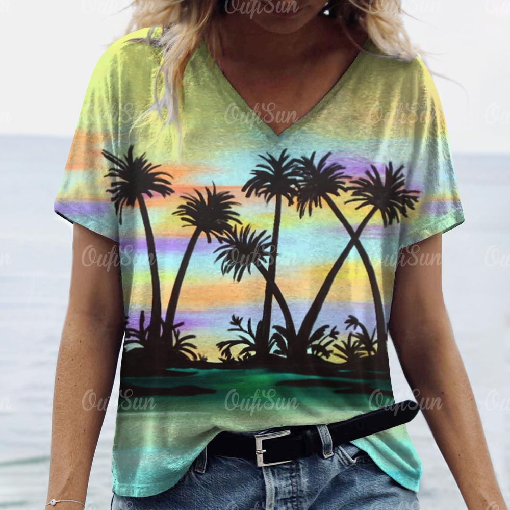 New Women T-shirt Cocoanut Tree Print Oversized Women's Trending Clothing Fashion Short Sleeve Shirt Women V-Neck Blouse 2024