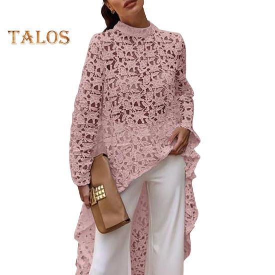 Dámská dlouhá top s výřezem, nepravidelná háčkovaná krajka, květinový patchwork, průsvitná krátká přední a zadní halenka s polovičními výstřihem a dlouhým rukávem