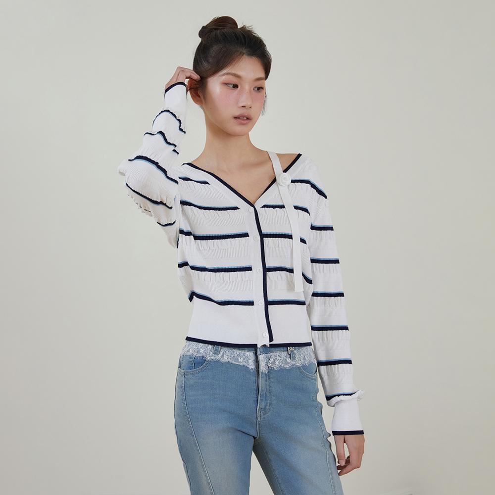 Egoiseuteu [Blue Label] Rose One-Shoulder Striped Knit Cardigan Es2Okg01