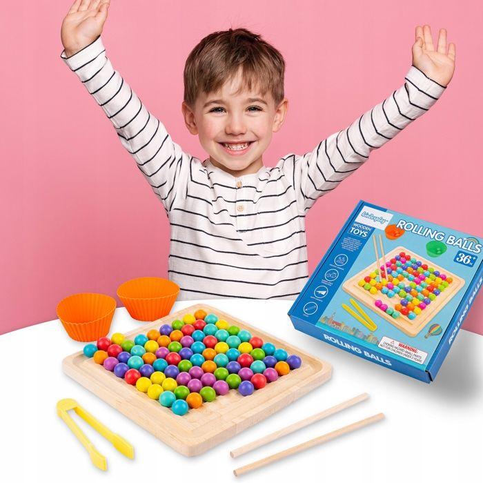 Puzzle Montessori En Bois À Billes Colorées - Apprendre Les Couleurs Et Compter, Avec Pinces Et Baguettes (KP9852)