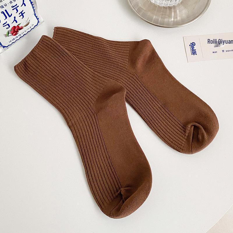 

Women s Mid-Calf Cotton Slouch Socks - Solid Color Striped Slim Fit in Coffee for Autumn Japanese JK (Size 35-41) темный кофе