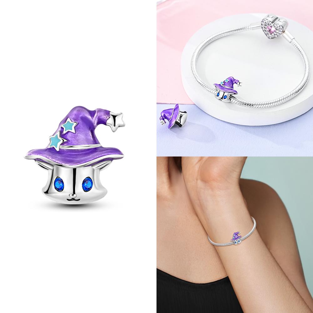 Classic Original Copper Pink Cute Cat Zircon Pendant Purple Magic Hat Cat Beads Fit Bracelet Women Jewelry Making Diy Gift