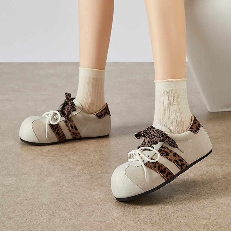 2025 Casual Four Seasons Heightening Retro Leopard Print New Suede Round Head Ugly Cute Contrasting Color Sports Women's Shoes