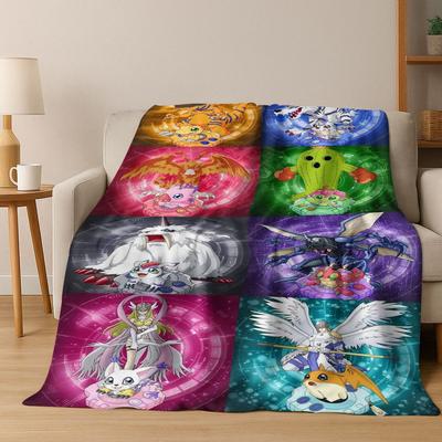 Retro Digimon Adventure Angewomon Agumon Cartoon Flanelldecke, Gemütliche Weiche Überwurfdecke für Zuhause Schlafzimmer Bett Sofa Abdeckung Kinder