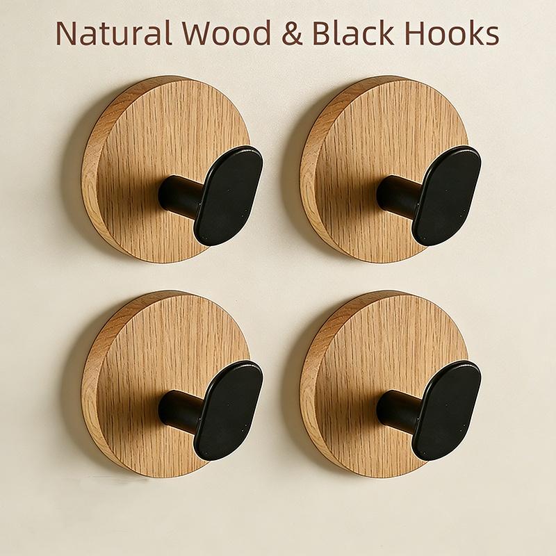 Round Walnut Wood Hooks, Walnut Wood No-Drill Hooks,Strong Adhesive Wall-Mounted Hooks,Door Back Kitchen Bathroom Storage Hooks
