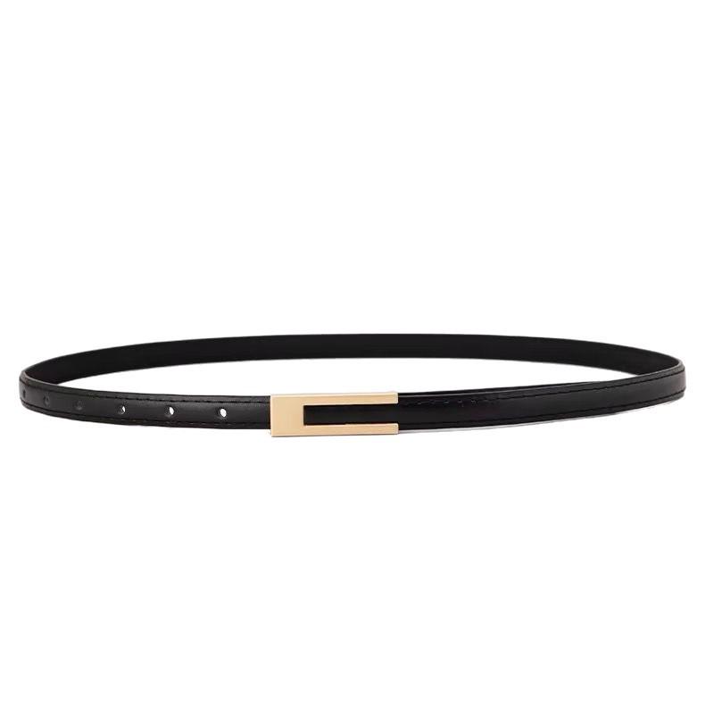 Women's Retro Korean Leather Belt - Black, Simple & Versatile Thin Waist Accessory for Skirts, Shirts, Trousers.