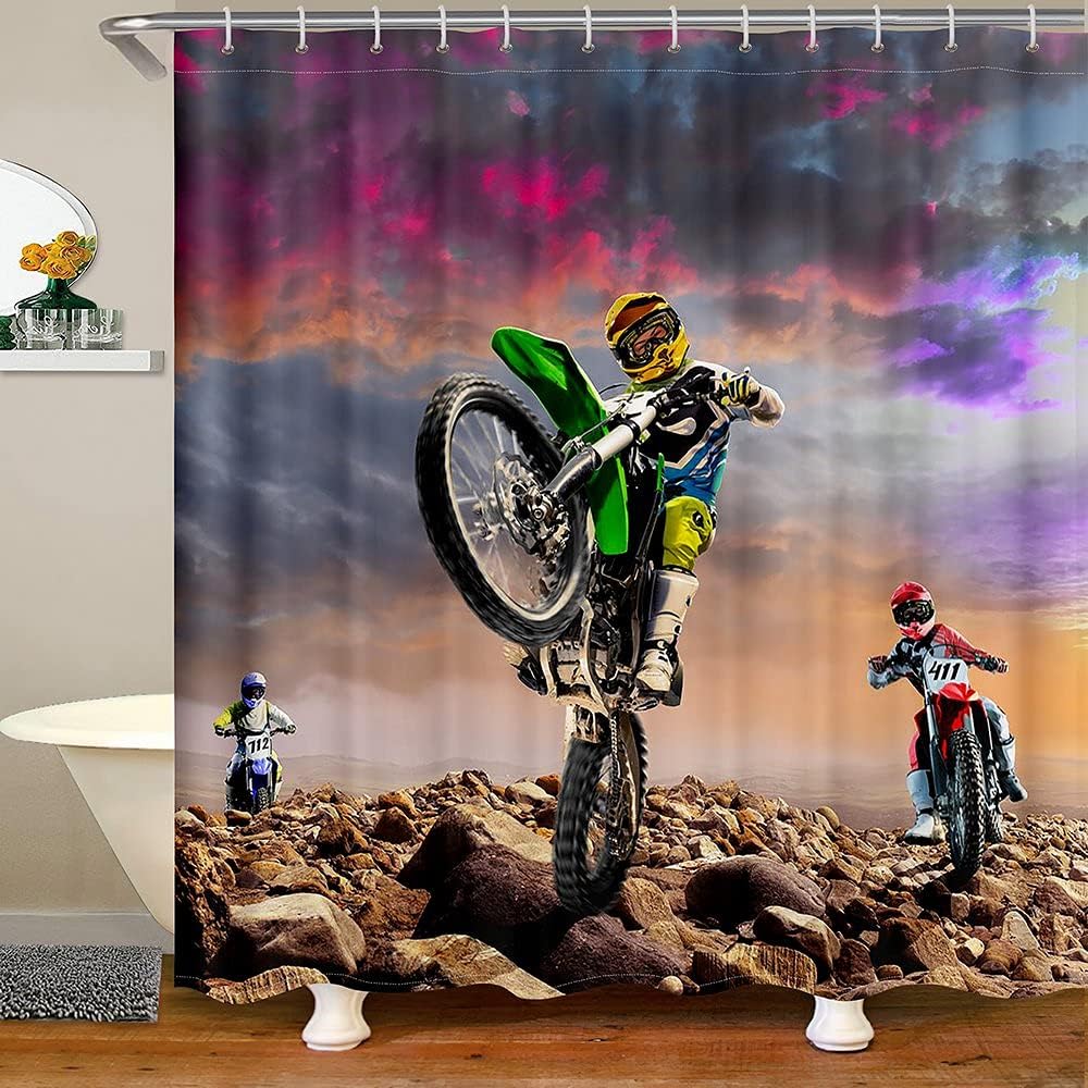 

Dirt Bike Shower Curtain For Boys Bathroom Bathtubs Motocross Rider Extreme Sports Bath Curtain Mountain Bike Bathroom Curtains W60H190(CM)-1 Pcs