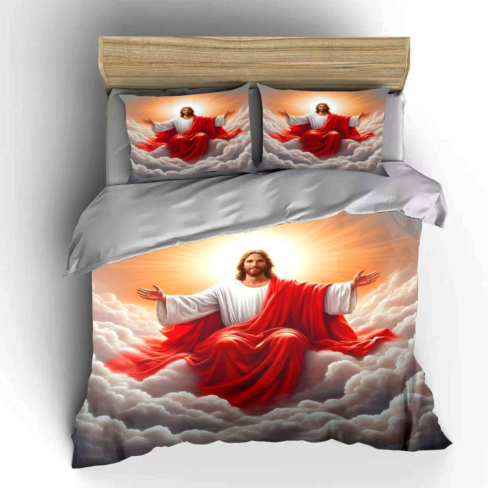 Jesus Sat Radiantly In The Clouds Duvet Cover Set With 3D Printing Design Soft Polyester Bedding Set All-Season Comfort