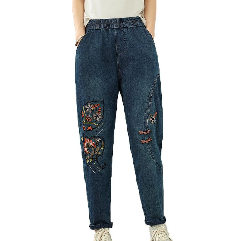 Blumenstickerei High Waist Denimhose Damen Vintage-Stil Streetwear Lässige Haremjeans Damen