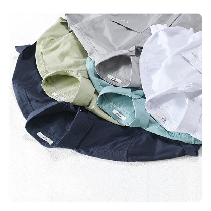 Summer Men's Casual Shirt Daily Pure Cotton Short Sleeve Shirt Lapel Collar Solid Color Double Pockets Shirt Youth Simple Style Men Clothing