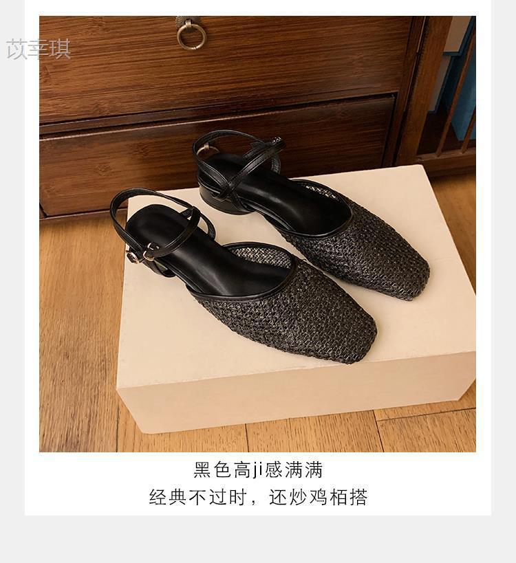 

Sheepskin version retro leather straw woven mesh thick heel high heel sandals women s summer wear woven Roman shoes bag head sandals 40