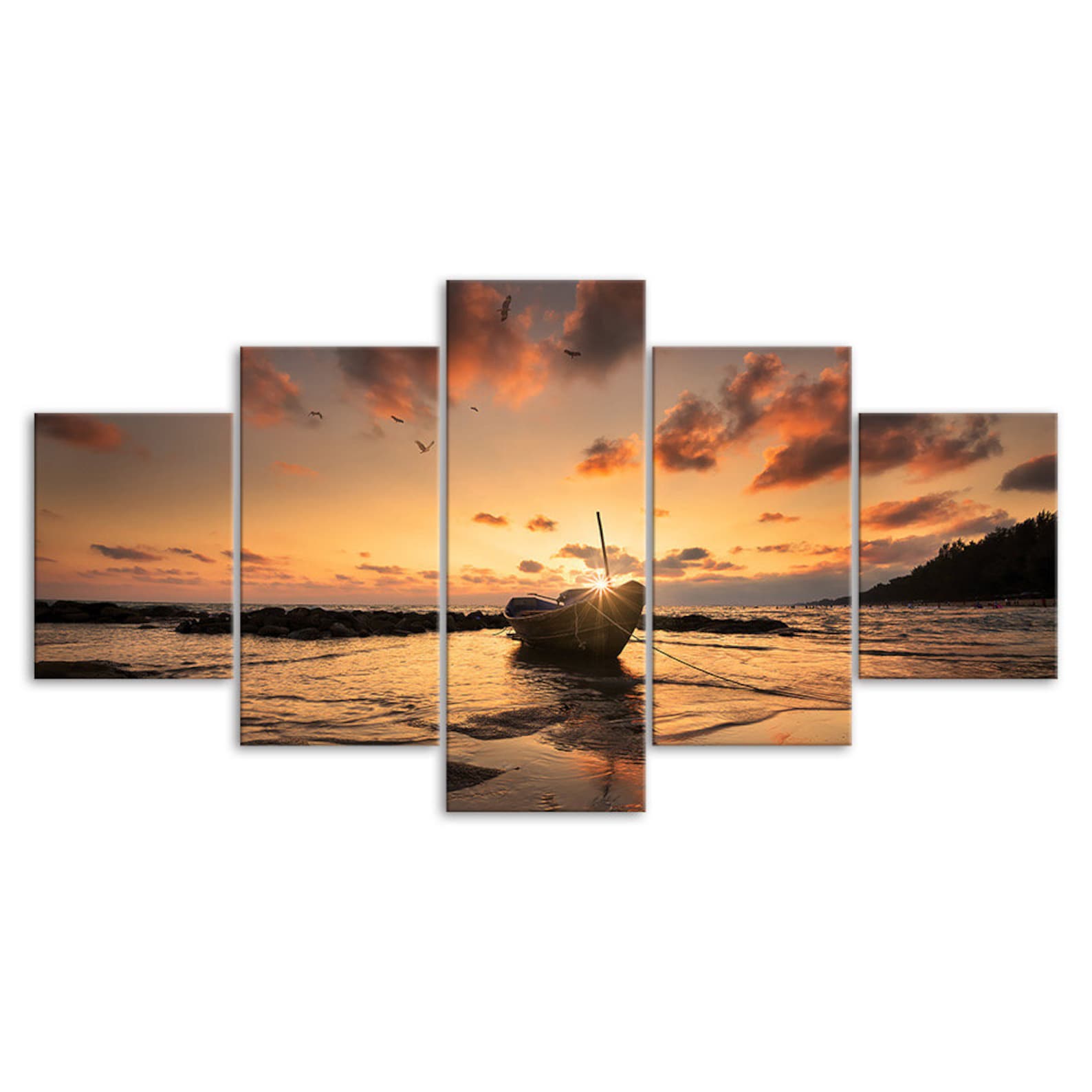 

Boat Sunset Scenery Canvas 5 Piece Five Panel Wall Print Modern Art Poster Picture Home Decor Gift For Him For Her 20x35 20x45 20x55cm