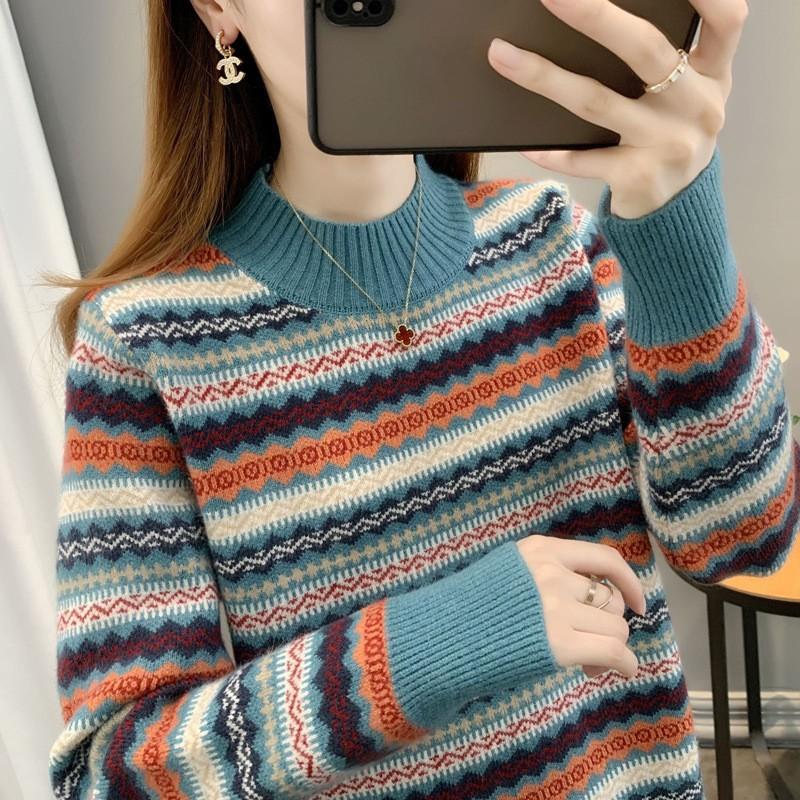 Autumn and Winter Pullover Knitted Sweater Base Versatile Loose Retro Ethnic Style Striped Color Matching Crew Neck Sweater Women