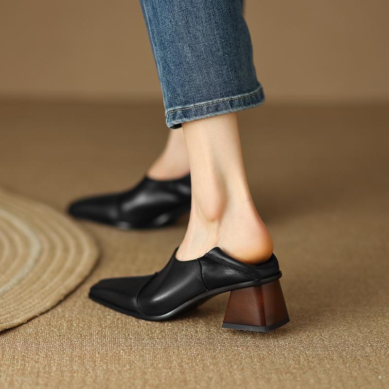 Fashion Women's New Spring and Autumn Square Head Vintage Genuine Leather Cowhide Comfortable High Heel Deep Mouth Oxford Single Shoes