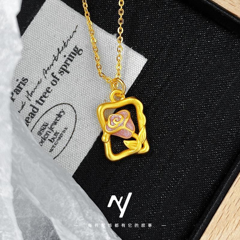 Luxury 24K 9999 Pure Gold Real Gold Rose Flower Enamel Pendant Necklace Delicate Collarbone Necklace золотой