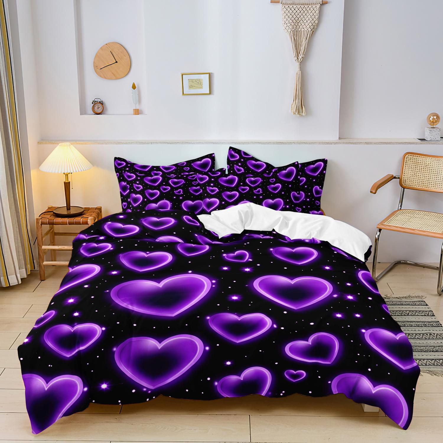 

3pcs Set Valentine S Day/Romantic couple Purple Hearts On Black Print Background Bedding duvet cover Romantic Dreamy Atmosphere EU Single-135x200cm&set