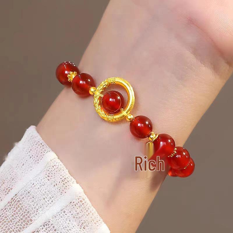 Vietnamese Gold Red Agate Love Bean Bracelet with Copper Gold-Plated Fu Pendant for Women