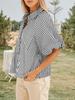 Blusa de Mujer Rayada con Mangas Abullonadas, Cuello en V, Cuello Camisero, Botones, Top Holgado