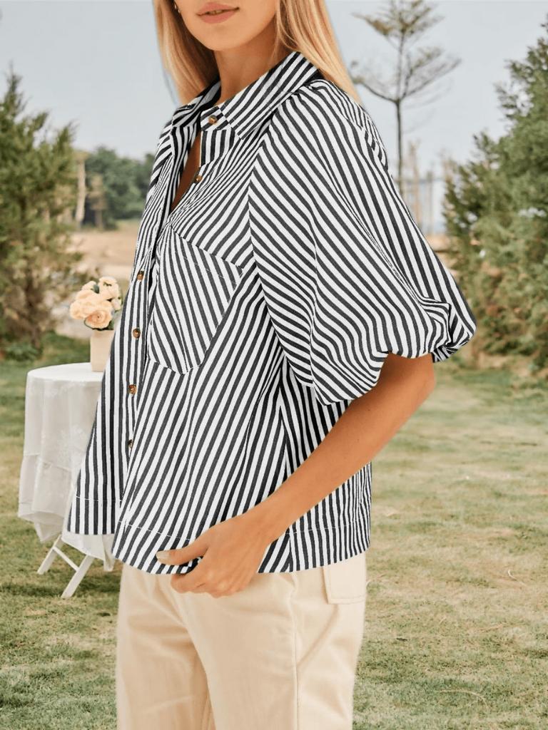 Blusa de Mujer Rayada con Mangas Abullonadas, Cuello en V, Cuello Camisero, Botones, Top Holgado
