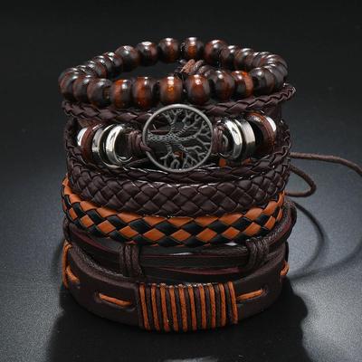 European & American Retro Zinc Alloy Tree of Life Multi-Layer Men's Bracelet Set - 6 Pieces